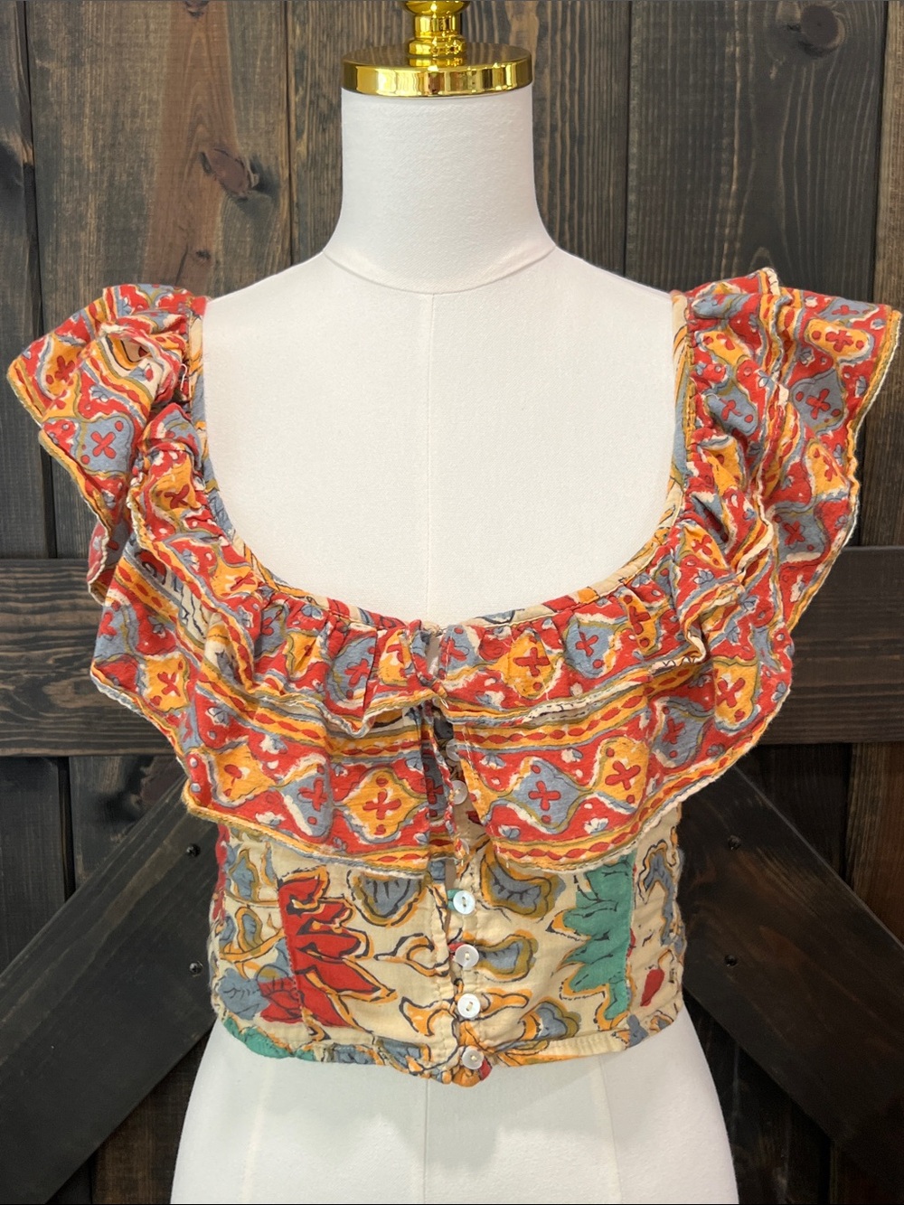 Anthro Love The Label Ruffle Crop‎ Top S Smocked Southwestern Festival Boho